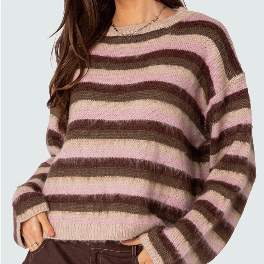 EDIKTED Striped Oversized Cropped Sweater in Pink and Brown/Beige Mix -Size M/L - Picture 12 of 13